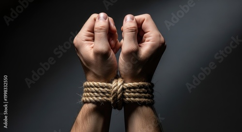 A man's hands are bound with a thick rope. The wrists are tightly secured, and the rope is wrapped around the forearms.