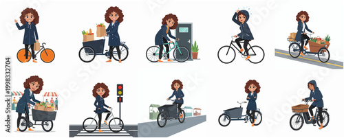 Diverse Actions of a Woman Commuting and Transporting Groceries by Bicycle in Various Urban Settings