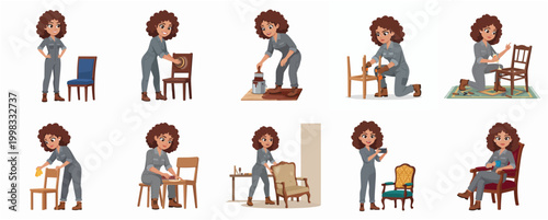 Cartoon Woman Character Engaged in Various Furniture Repair and Restoration Activities