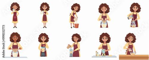Charming Woman Preparing Food with Kitchen Utensils in Various Cooking Steps Illustration