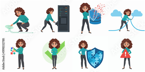 Photos Animated Cartoon Woman Performing Various Data Management and Cybersecurity Acti