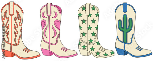 Four distinct cowboy boots are displayed each adorned with unique decorative elements including flames hearts stars and a cactus western boots footwear fashion style western wear
