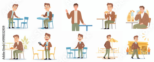 Collection of Flat Style Cartoon Male Character Poses in Outdoor Cafe Settings