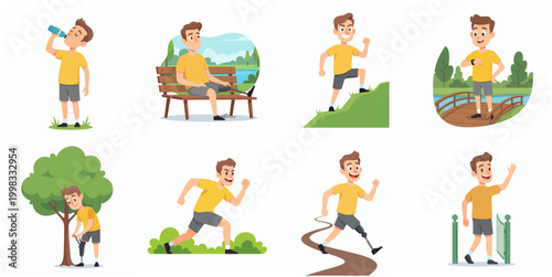 Cartoon Male Character in Various Outdoor Sports and Recreation Activities Poses Set
