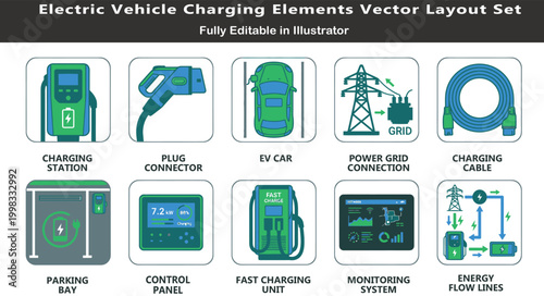 EV charging system vector icons set, top view electric vehicle layout symbols, charging station, cables, grid connection, monitoring CAD design