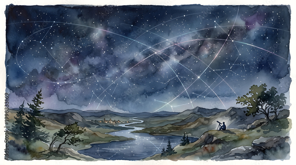 Fototapeta premium Astronomer gazing at a celestial constellation map over a valley