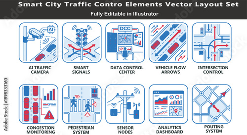 Smart traffic vector icons set, top view AI transport layout symbols, cameras, signals, congestion monitoring, routing, analytics dashboard CAD design