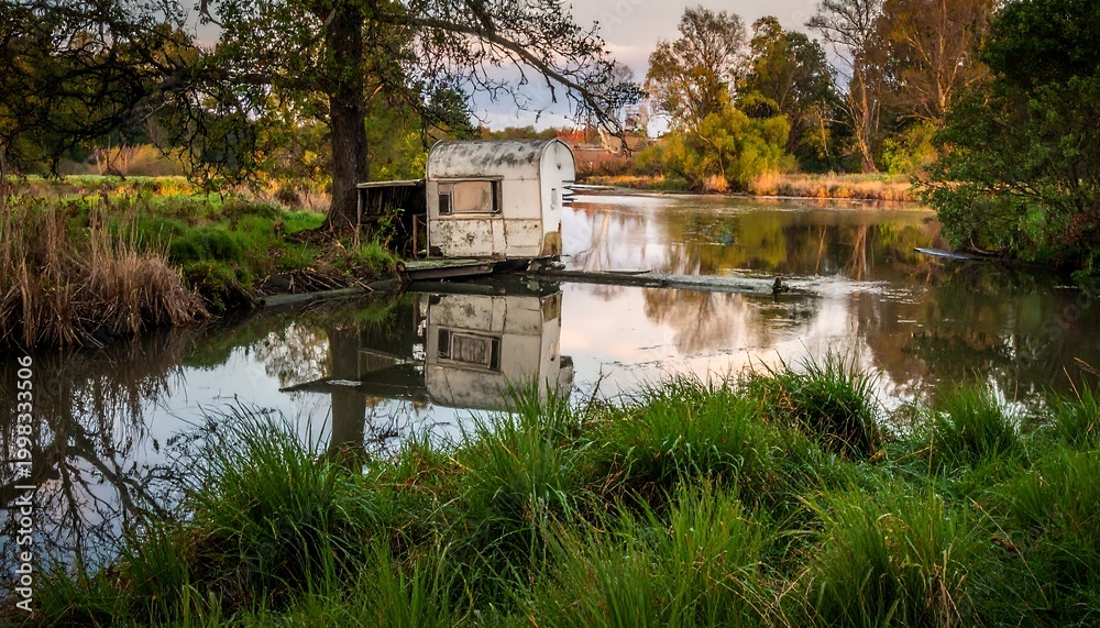 Fototapeta premium Tranquil riverside cabin reflection