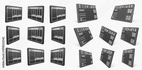 Set of black digital scoreboards for sports games with various angles and perspectives.