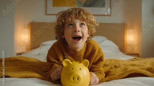 Young boy saving money in yellow piggy bank, happily looking up and dreaming about future finances and financial literacy from an early age, learning about wealth growth