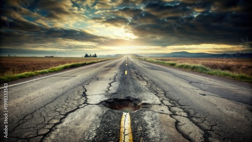 A long, desolate road ahead, marked by significant cracks and a sizable pothole, stretches towards a hazy horizon under a dramatic sunset sky.