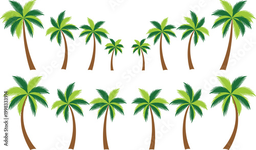 Tropical Palm Tree Vector Collection with Various Coconut Trees for Summer Beach Design, Island Landscape Illustration, Travel Graphics, and Nature Inspired Creative Projects.