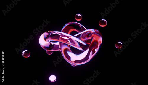 Glowing, abstract, twisted glass shape with pink hue floats against dark background, surrounded by small spheres