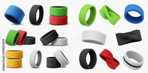 Collection of colorful silicone rings and elastic hair ties, realistic 3D vector illustration set on transparent background.