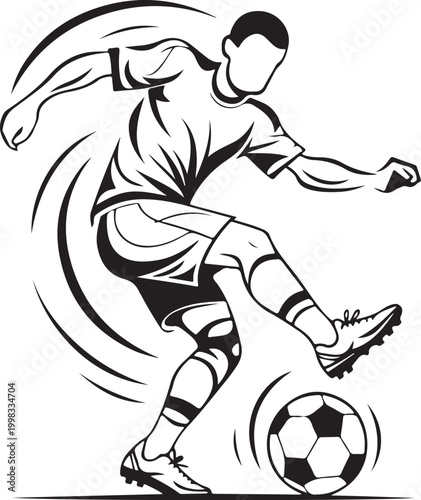 Dynamic soccer player silhouette kicking ball with motion lines in black and white style.