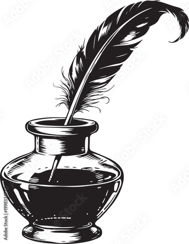 Vintage quill pen dipped in glass inkwell with detailed feather texture black and white.