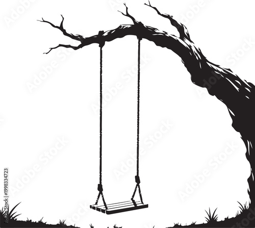 Silhouette of a tree with an empty swing hanging from a branch, rural nature scene.