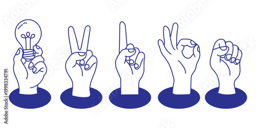 Set of hand drawn gestures, hands showing different gestures including light bulb, peace sign, pointing finger, ok sign and fist