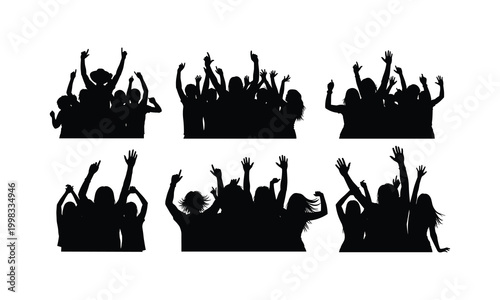 Crowd of people with hands raised in air concert audience vector silhouette illustration set.