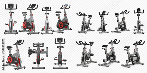 Set of various exercise bikes for home fitness and gym workouts on transparent background.