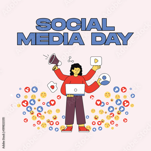 Illustration of person celebrating social media day with icons high-quality