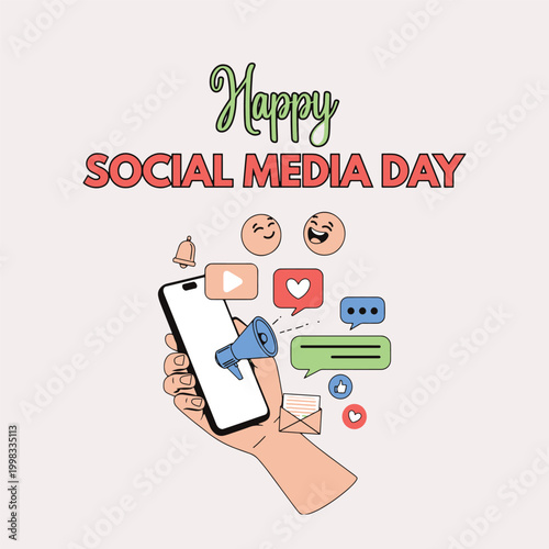 Hand holding smartphone with social media icons colorful illustration high-quality