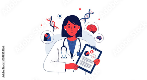 Foto Doctor with Medical Icons and DNA Strands, Healthcare Illustration