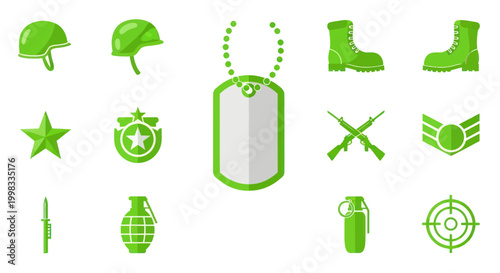 Green Military Icons Set: Helmet, Boots, Dog Tag, Grenade, Rifle, Target
