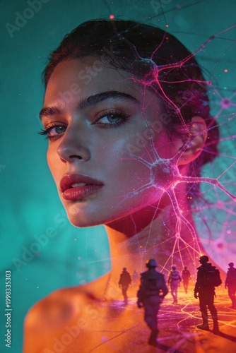 Surreal double exposure female portrait with neural network aesthetic cinematic fashion advertising style