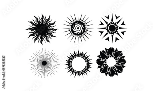Radiant sun symbols and geometric starburst emblems collection vector illustration assets.