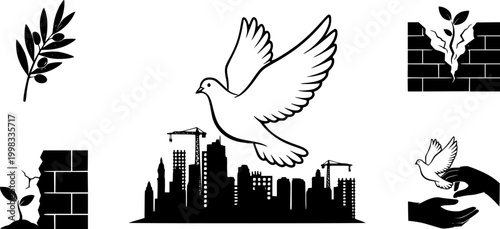 Peace Concept Vector Illustration, White Dove Flying Over City Silhouette, War Reconstruction Symbolism, Minimalist Hope and Peace Graphic for News and Editorial