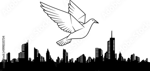 Peace Concept Vector Illustration, White Dove Flying Over City Silhouette, War Reconstruction Symbolism, Minimalist Hope and Peace Graphic for News and Editorial