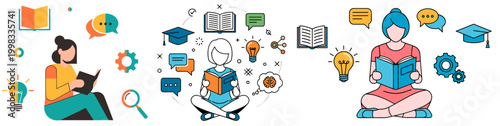 Modern flat illustration of diverse people reading books with educational icons for knowledge acquisition concept and lifelong learning