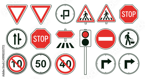 Free Download Comprehensive collection of various red and white road traffic signs and symbols, including stop, yield, parking, speed limits, and no entry, on an isolated white background. - GFXLoad