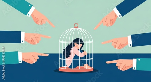 Sad woman sits trapped inside a birdcage while being pointed at by surrounding hands representing judgment or social pressure.