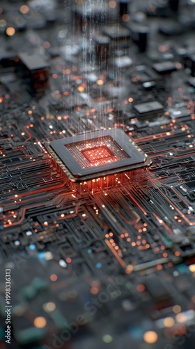 Cpu processing digital information on a complex motherboard with glowing data lines, representing ai, machine learning, modern technology, and high performance computing development
