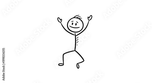 Happy and excited stick figure jumping with arms raised on isolated white background, expressing joy and success.