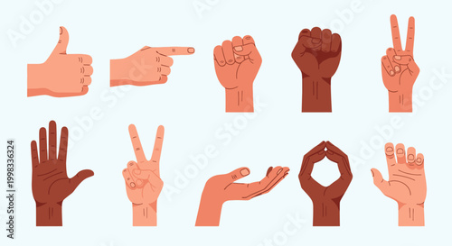 Diverse collection of human hands showing various gestures like thumbs up, pointing, fist, peace, and okay sign on a light blue background, expressing communication.