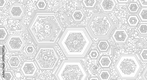 Intricate hexagonal geometric circuit board pattern illustration on isolated white background, digital technology texture with detailed lines.