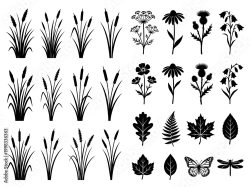 Black Silhouettes of Wildflowers, Meadow Grasses, Leaves, and Insects Vector Icon Set
