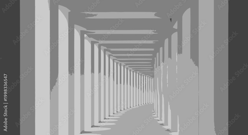 Fototapeta premium Empty modern architectural tunnel with symmetrical pillars in monochrome.