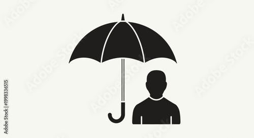 Silhouette icon of a person standing under an umbrella, representing protection from rain.