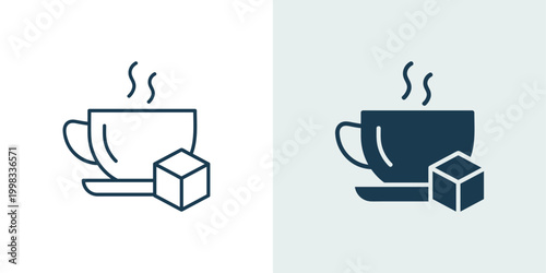 Hot coffee tea cup with sugar cube icon in line and solid style vector illustration