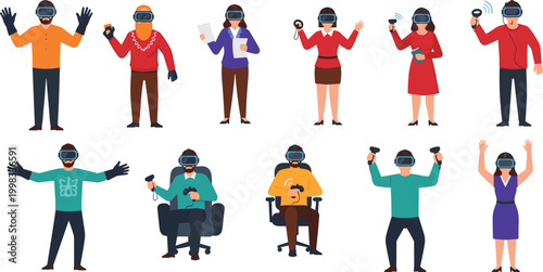 Virtual Reality People Vector Set with Characters Using VR Headsets and Controllers for Gaming Technology, Metaverse Experience, and Interactive Digital Entertainment Design.