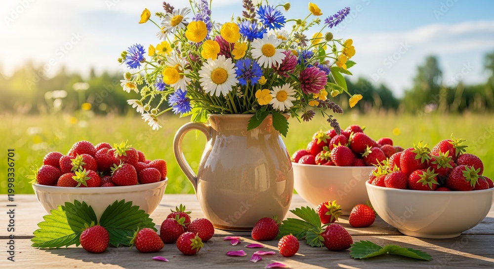 Naklejka premium Charming swedish midsummer scene with a ceramic jug, meadow flowers, and fresh strawberries