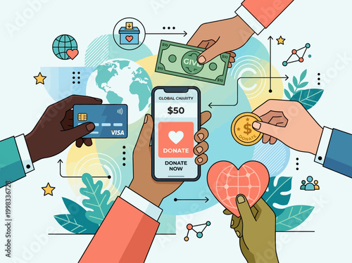 Online Charity and Global Donation Concept Illustration showing Hands contributing with Mobile App, Credit Card, Cash and Heart symbol for Crowdfunding
