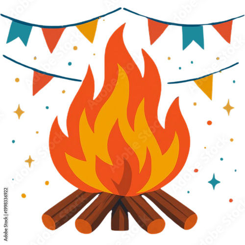 Fogueira festiva com bandeirinhas coloridas