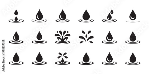 Set of isolated water drop icons featuring ripples and various splash dynamics on transparent background.