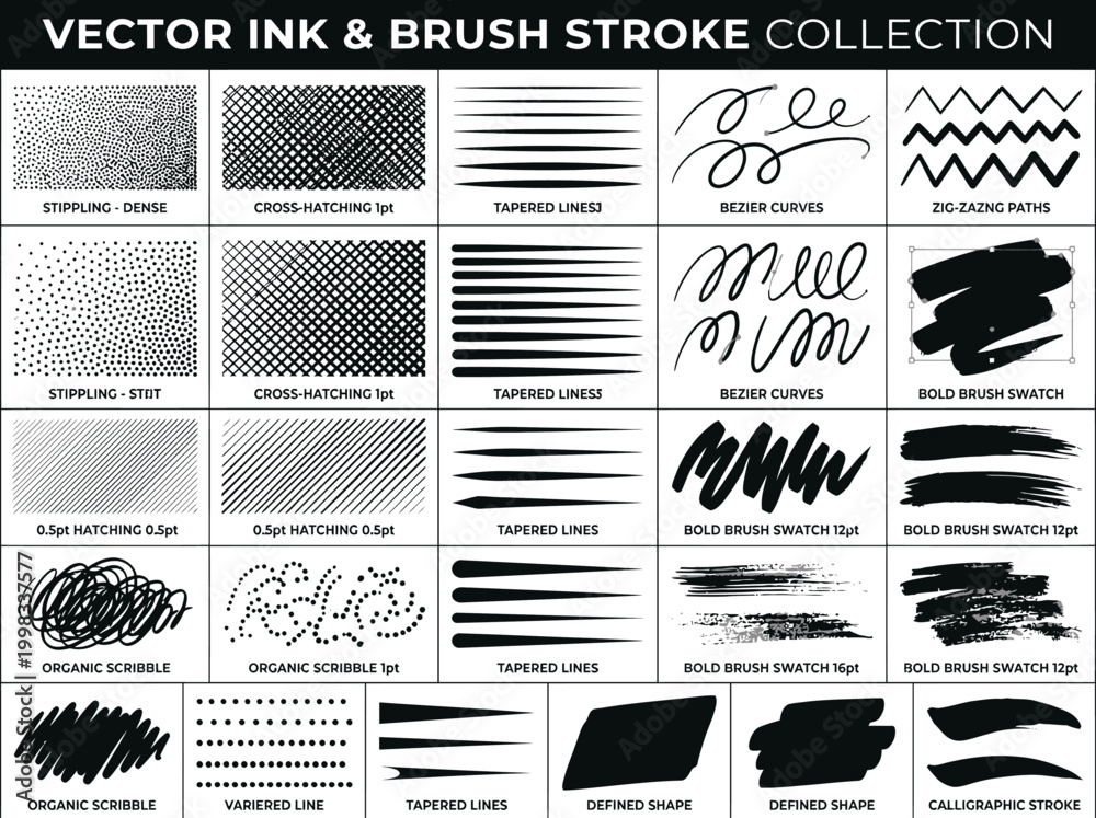 Fototapeta premium Vector Ink and Brush Stroke Collection with Stippling, Hatching, Tapered Lines, and Hand-Drawn Scribbles for Digital Illustration