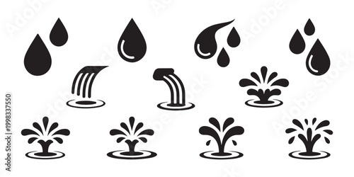 Water fountain and liquid drop icon collection for plumbing hydration and liquid splash effects.